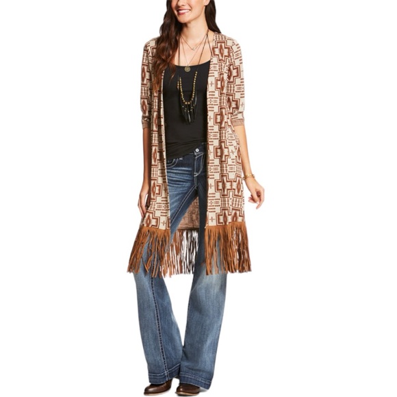 Ariat Sweaters - Ariat Jackson Fringe Southwestern Open Front Cardigan - Beige & Brown - X-Large